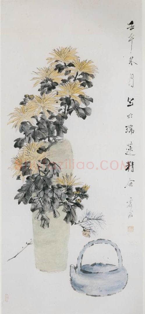 清 虚谷 《瓶菊图轴》 书画作品