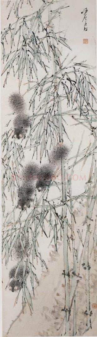 清 虚谷 《绿竹松鼠图屏》 书画作品