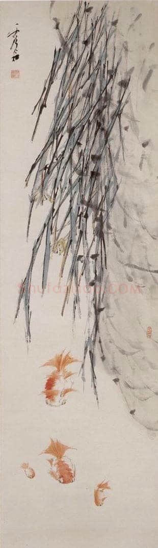 清 虚谷 《兰花金鱼图屏》 书画作品