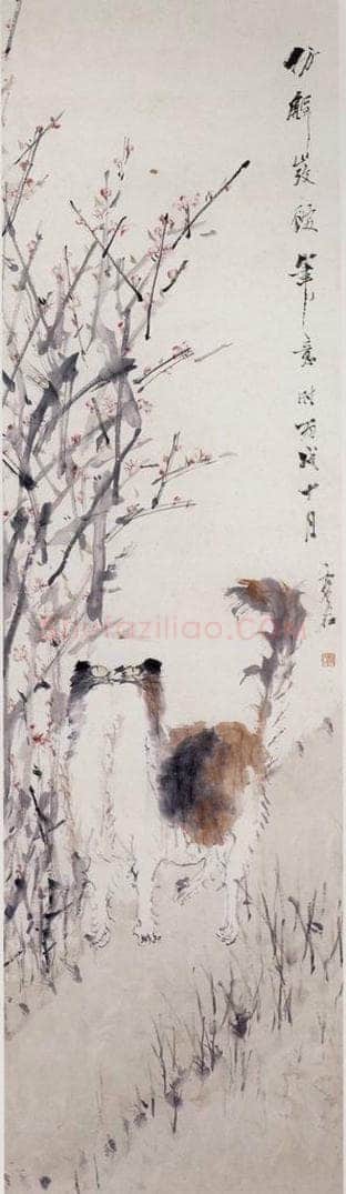 清 虚谷 《红梅狸奴图屏》 书画作品