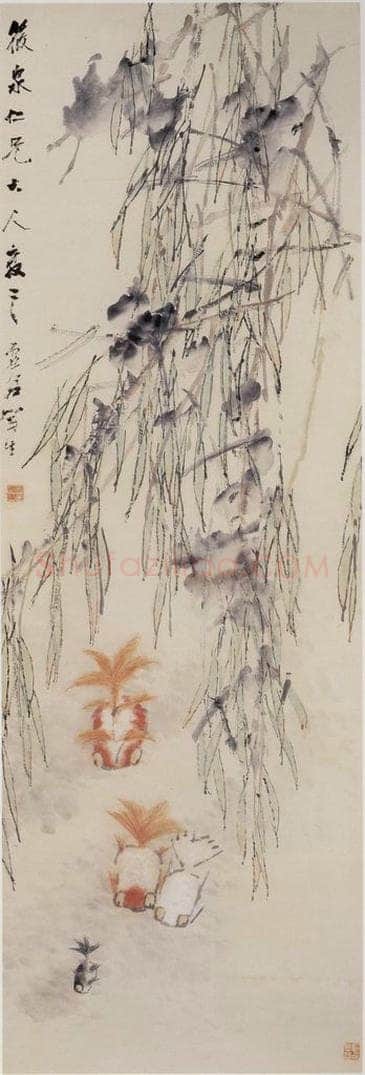 清 虚谷 《杨柳金鱼图轴》 书画作品