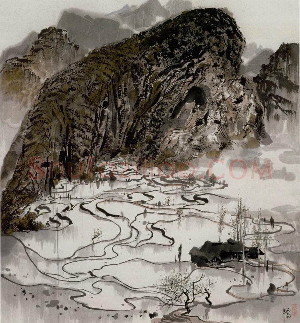 1979年 吴冠中 山间水田 书画作品