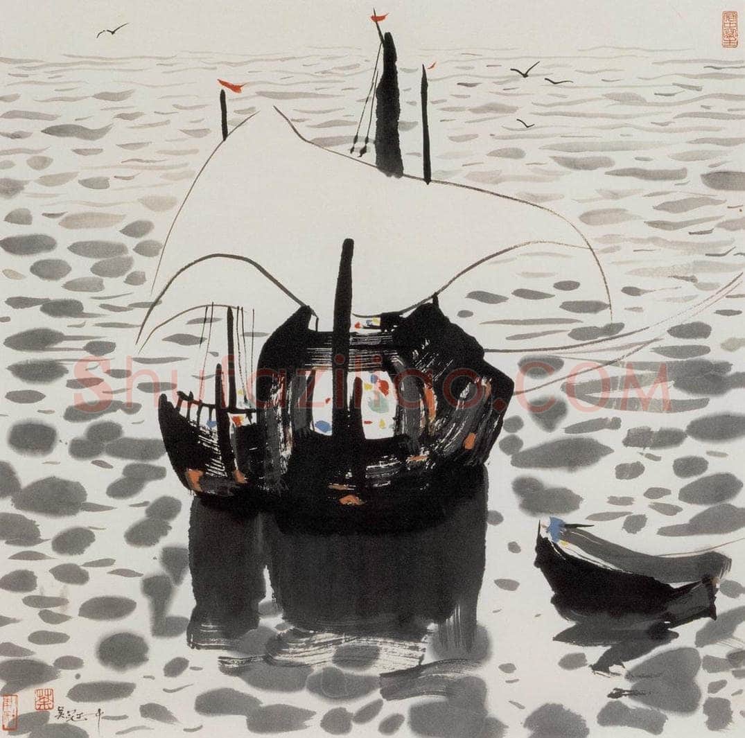 1980年 吴冠中 海上渔船 书画作品