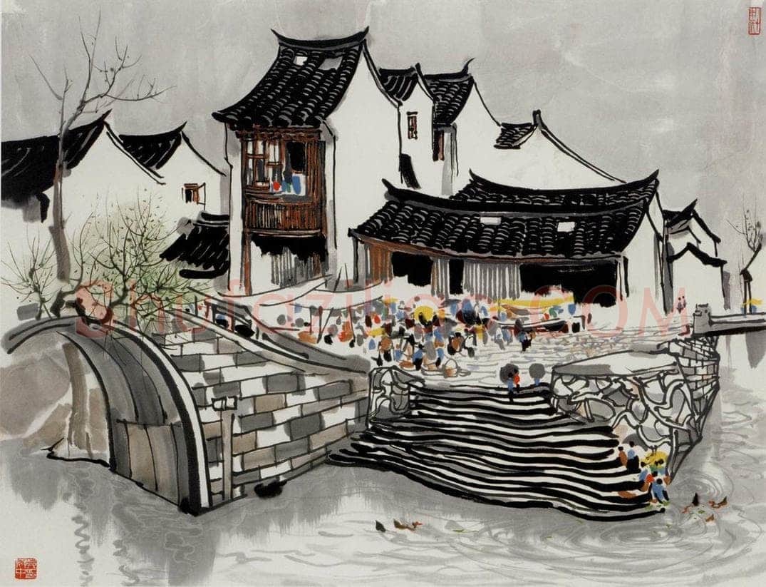 1980年 吴冠中 苏州甪直小镇 书画作品