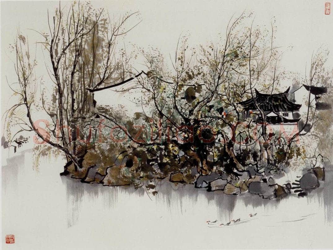 1981年 吴冠中 水上人家 书画作品