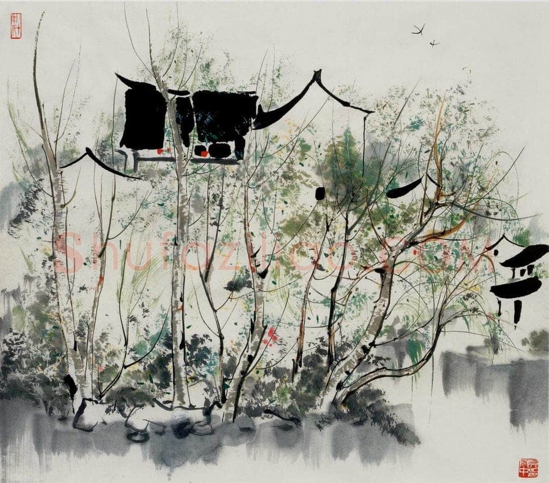 1983年 吴冠中 水乡人家 书画作品