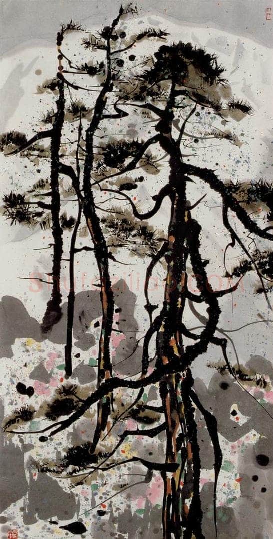 1983年 吴冠中 雪山与杜鹃 书画作品