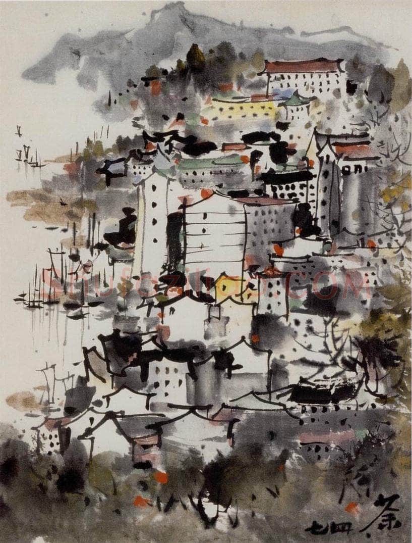 1974年 吴冠中 重庆江城图及序 书画作品