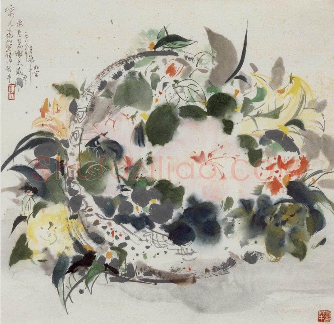 1987年 吴冠中 仿宋人花篮 书画作品