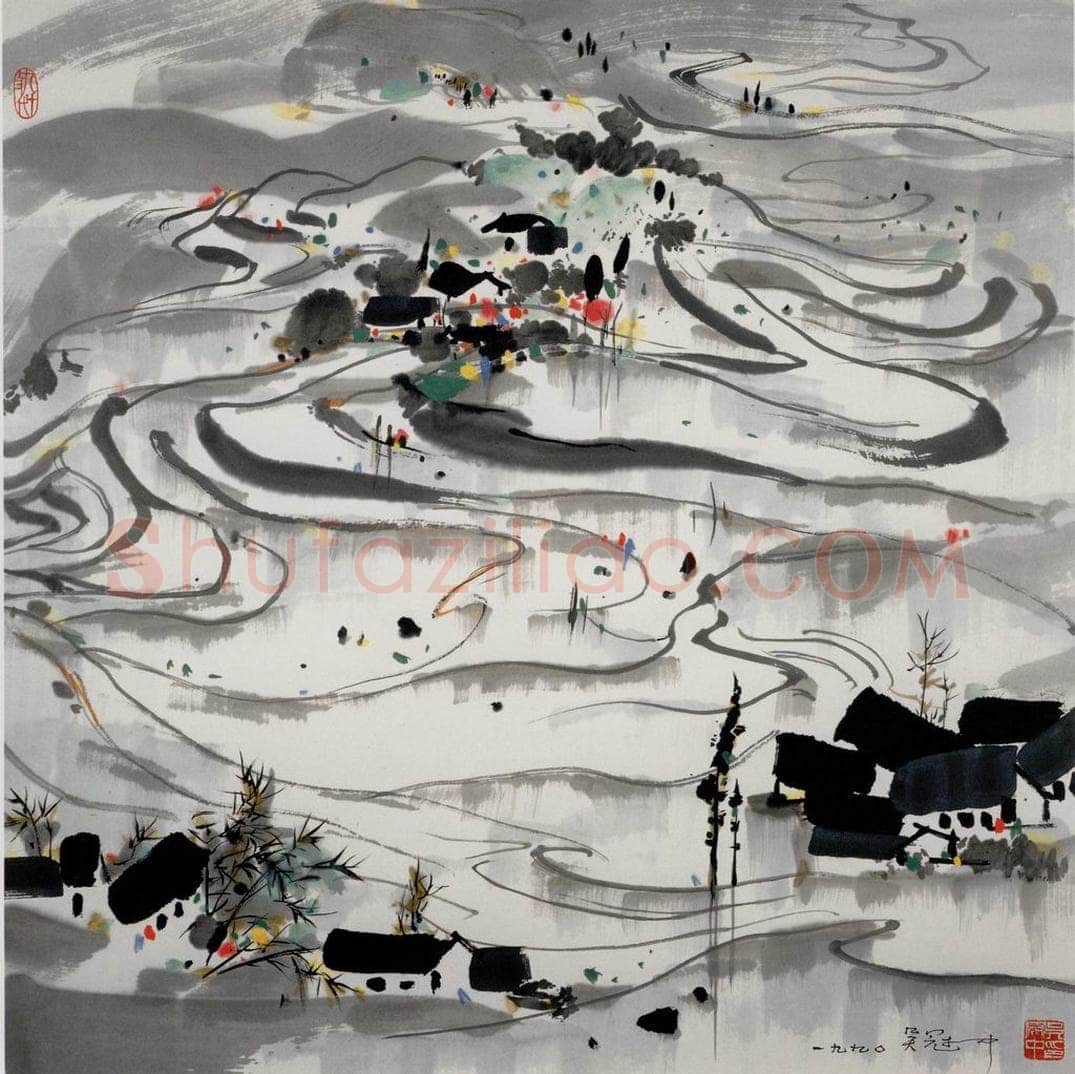 1990年 吴冠中 蜀中水田 书画作品