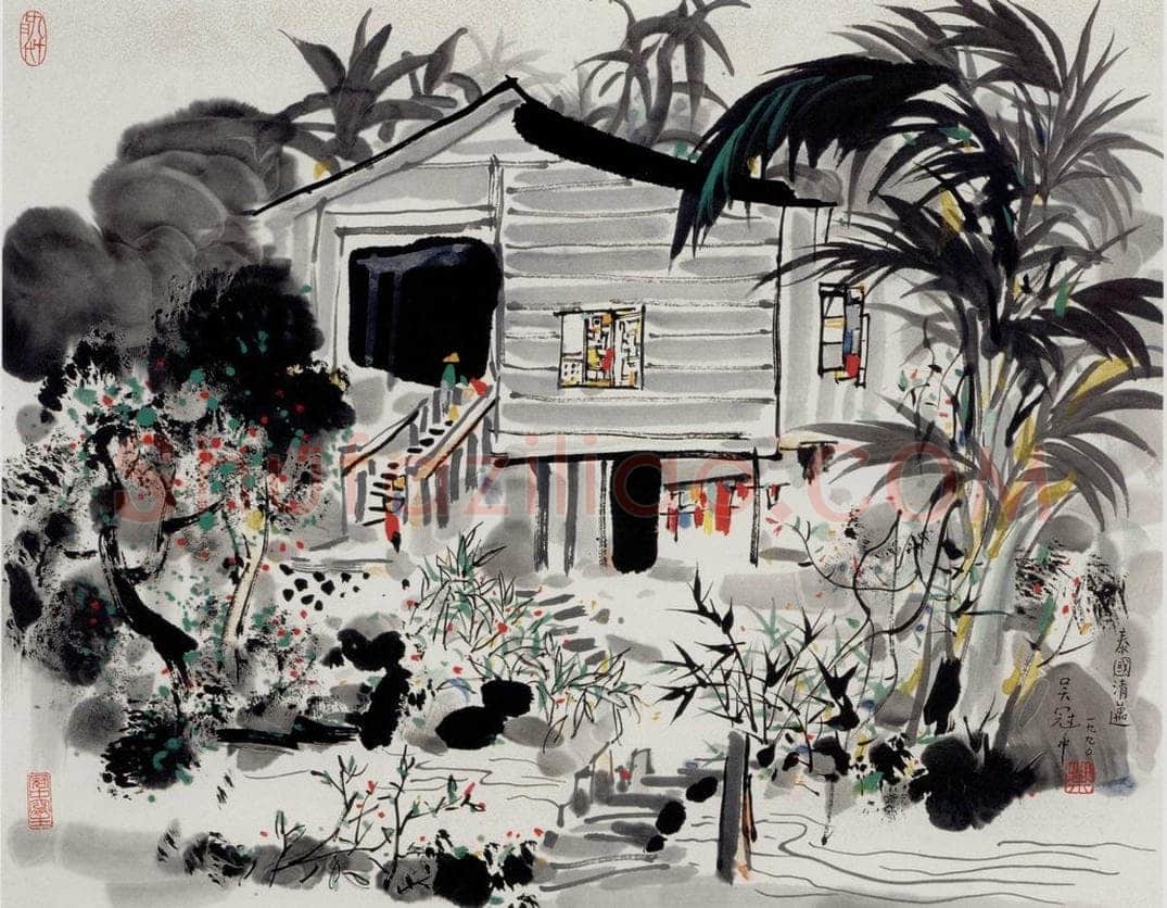 1990年 吴冠中 泰国清迈农家 书画作品