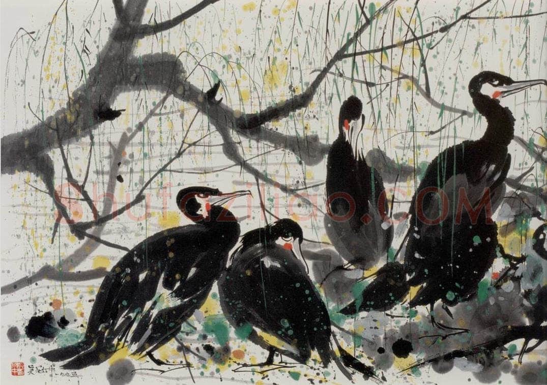 1995年 吴冠中 鱼鹰 书画作品