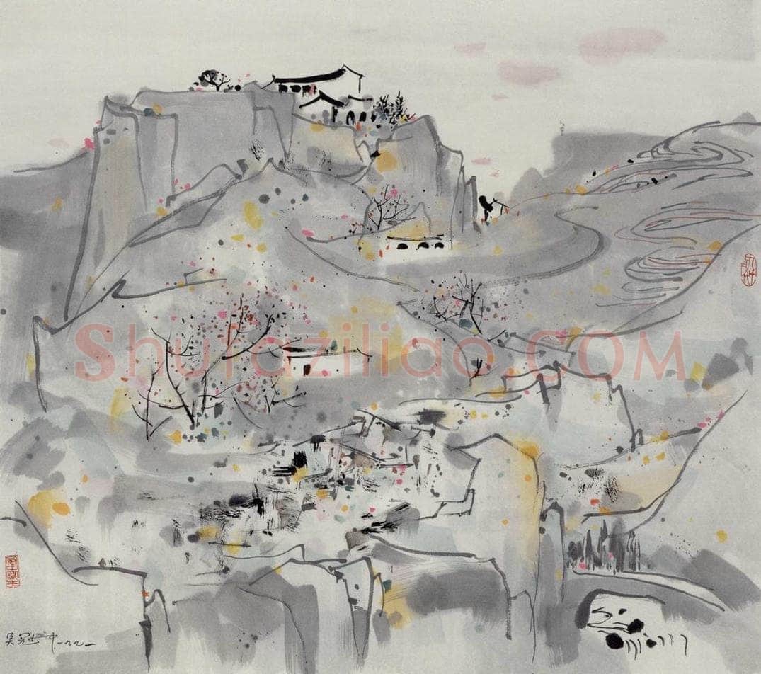 1991年 吴冠中 高原人家 书画作品
