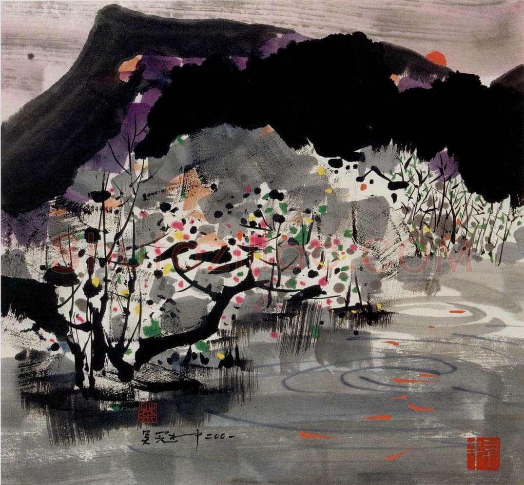 2001年 吴冠中 夕阳山外山 书画作品