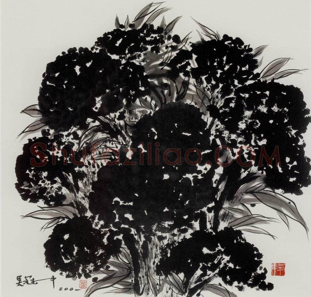2001年 吴冠中 鸡冠花 书画作品