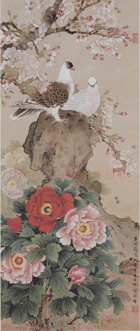 1981年 喻继高 《牡丹双鸽》 书画作品