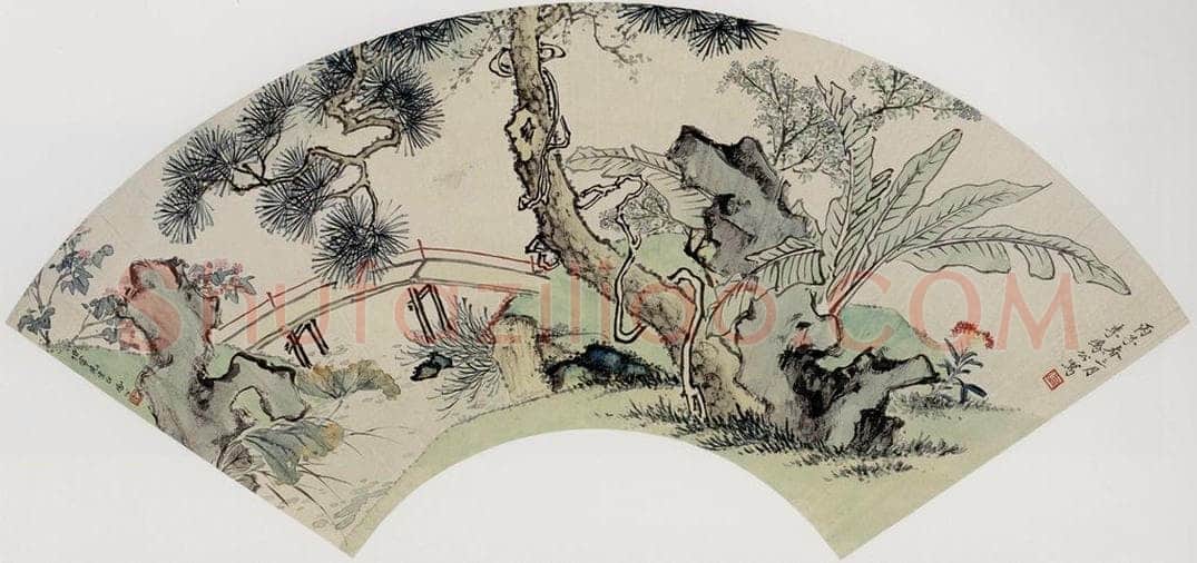  李凤公 《松石图扇面》 书画作品
