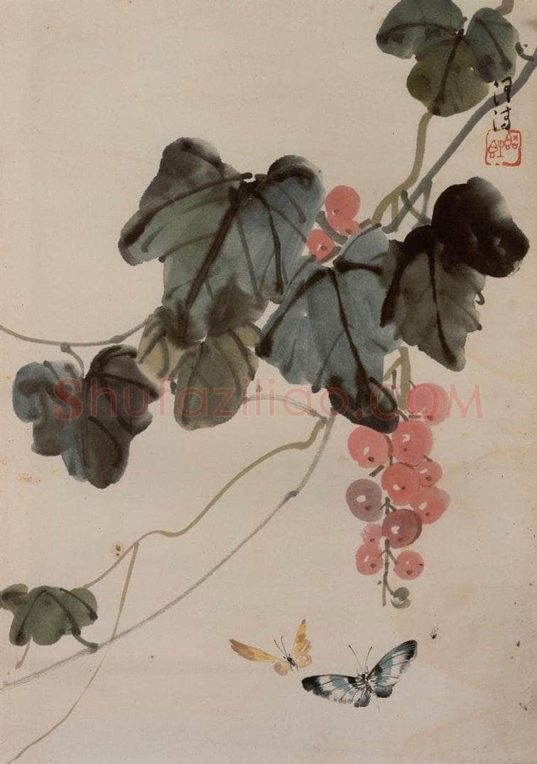  麦语诗 《葡萄蝴蝶图册页》 书画作品