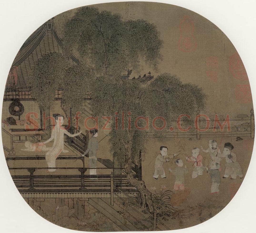 宋 佚名 《荷亭婴戏图》 书画作品