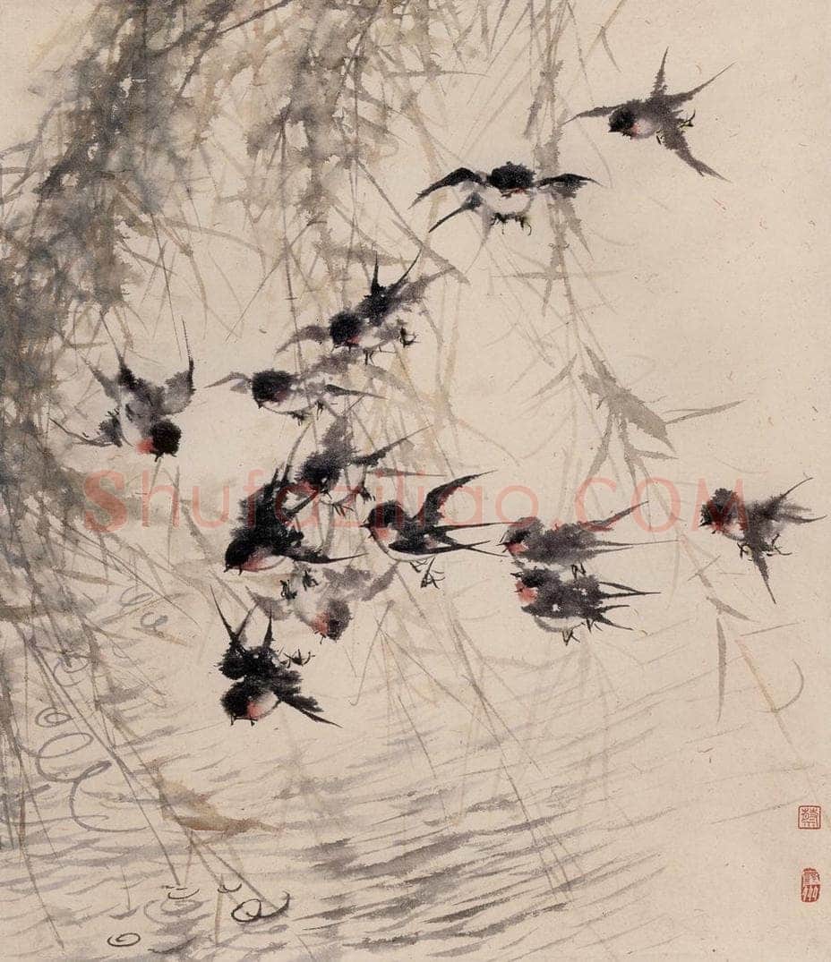 1958年 蔡鹤洲 《欢燕拂柳》 书画作品