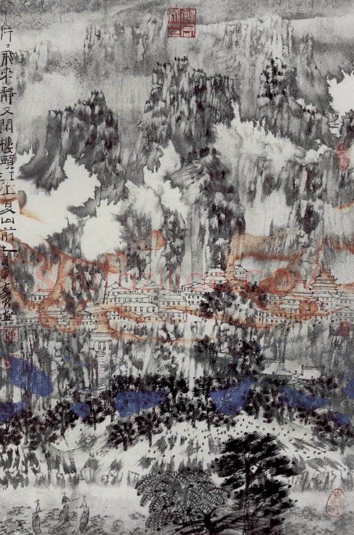 2005年 卓鹤君 《片片飞来静又闲 楼头江上复山前》 书画作品