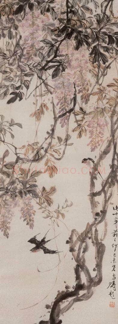 1946年 王雪涛 《紫藤飞燕》 书画作品