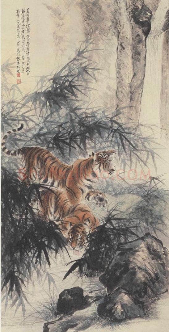 1932年 张泽 《竹石双虎图》 书画作品