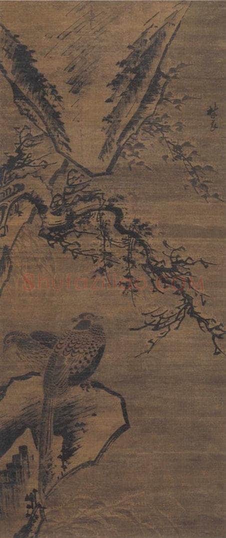 明代 林良 《雪景双雉图》 书画作品