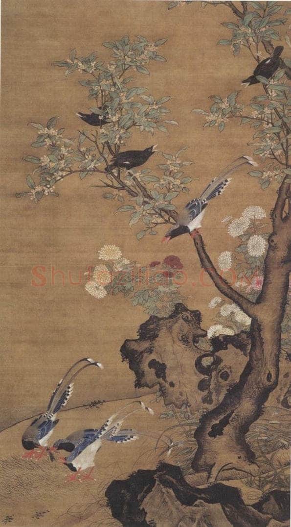明代 吕纪 《桂菊山禽图》 书画作品