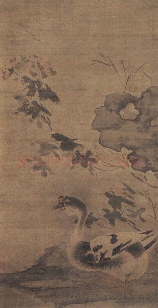 明代 孙隆 《芙蓉游鹅图》 书画作品