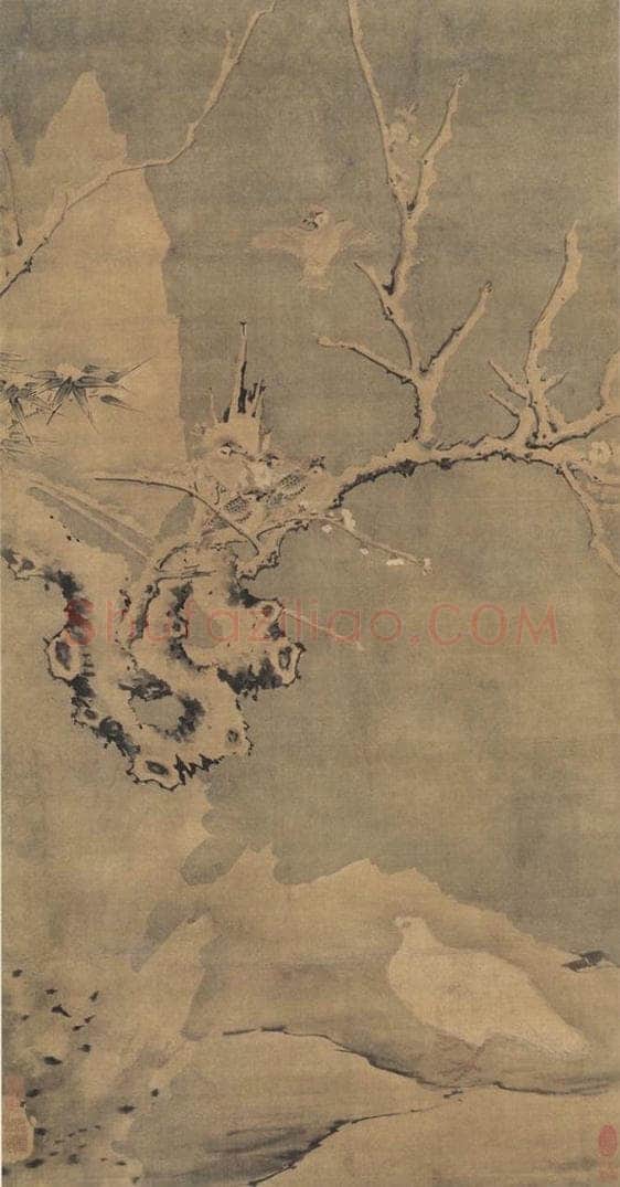 明代 孙隆 《雪禽梅竹图》 书画作品