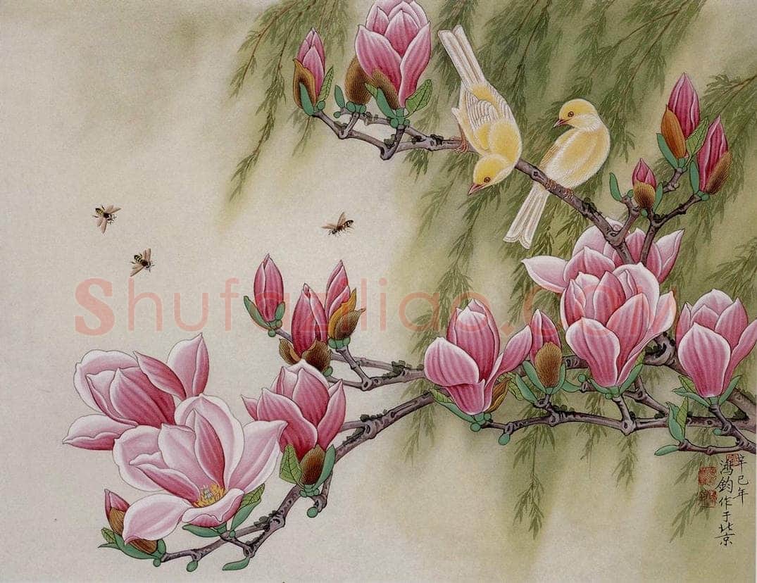 2001年 金鸿钧 《辛夷玉鸟》 书画作品