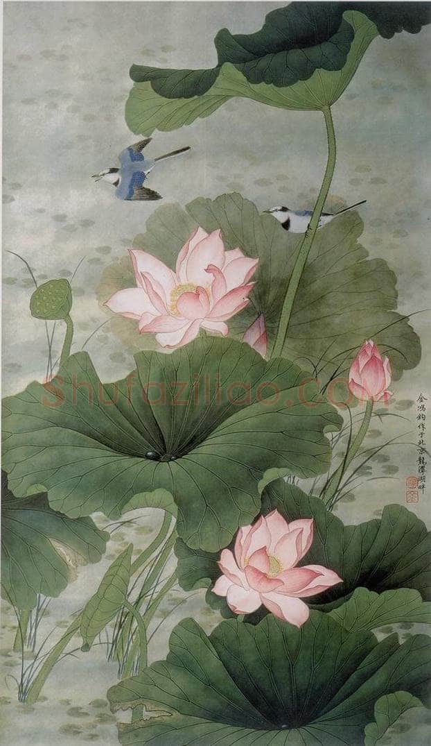 1985年 金鸿钧 《荷花鹡鸰》 书画作品