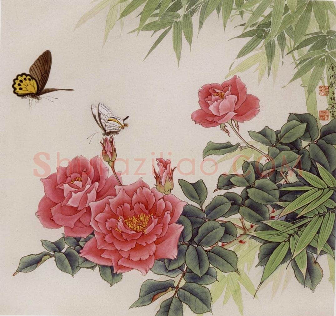 1981年 金鸿钧 《月季双蝶》 书画作品