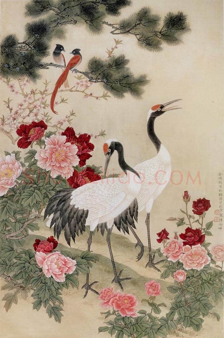 1984年 金鸿钧 《松鹤牡丹》 书画作品