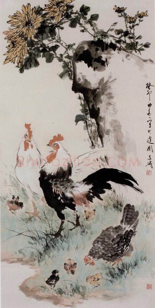  王雪涛 《群鸡菊石图》 书画作品