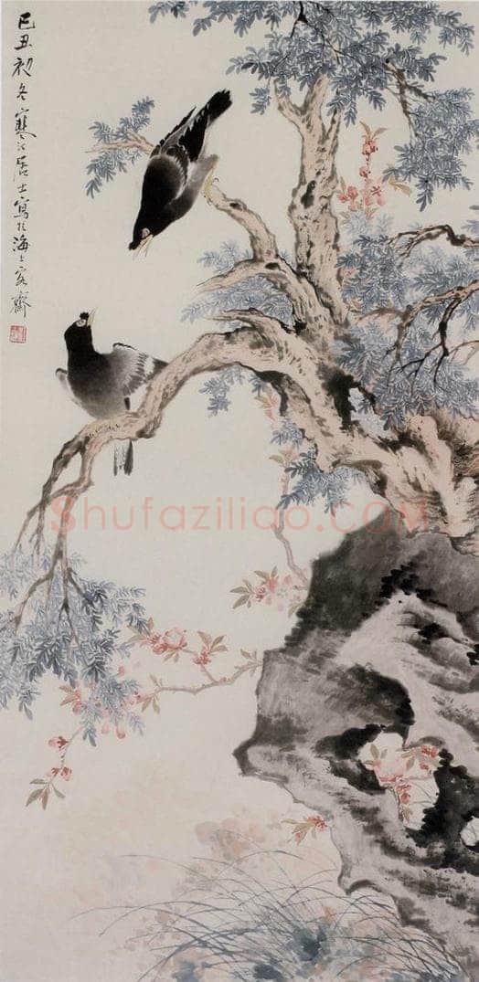  江寒汀 《桃花八哥》 书画作品