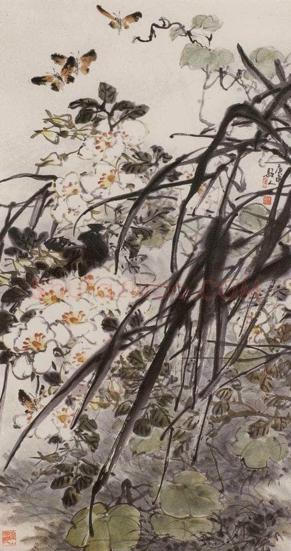 1980年 朱颖人 《花开时节引蝶飞来》 书画作品