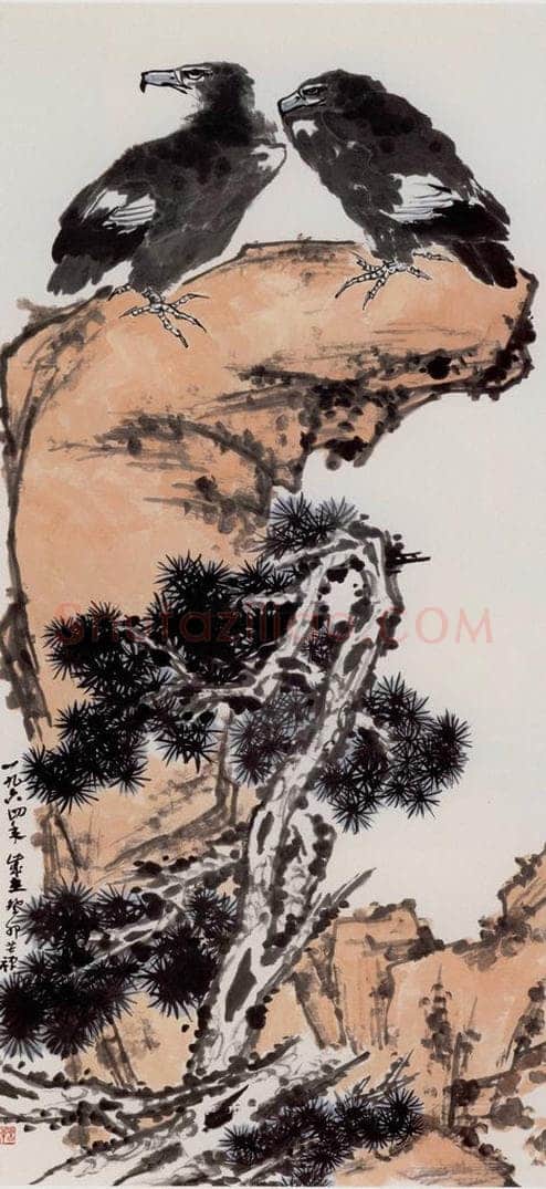 1964年 李苦禅 松崖双鹫 书画作品