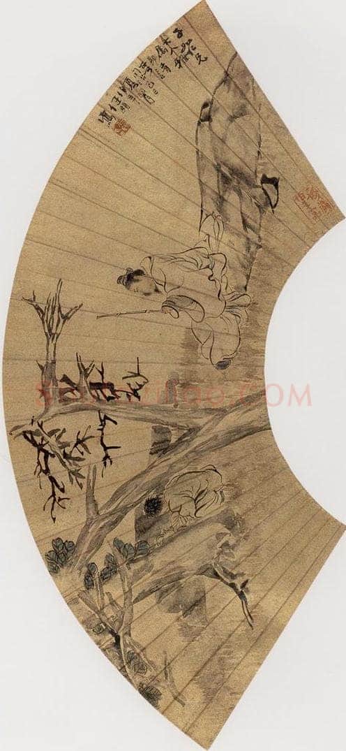 1869年 任伯年 《花鸟人物扇面册四开》 书画作品