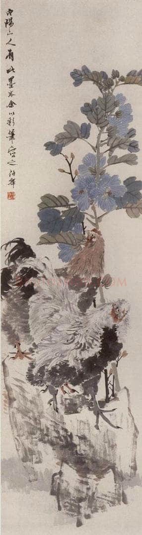 约19世纪70年代初期 任伯年 《蜀葵双鸡》 书画作品