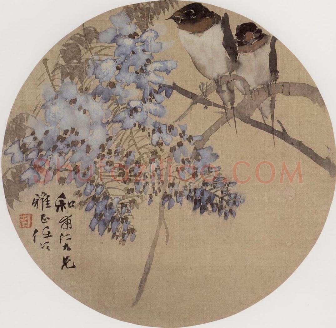 约19世纪70年代初期 任伯年 《紫藤双燕》 书画作品