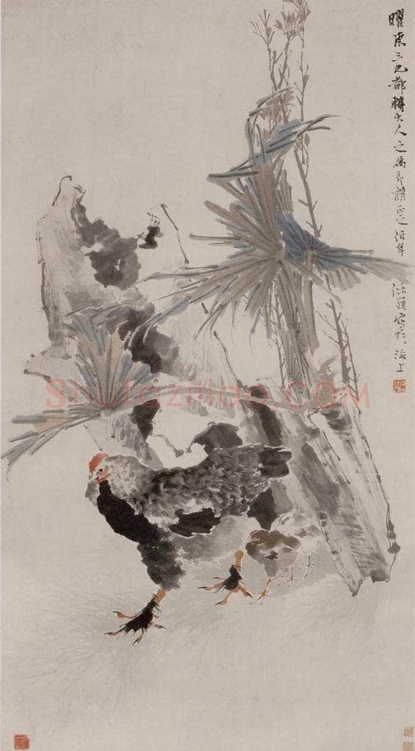约19世纪70年代初期 任伯年 《子母鸡图》 书画作品