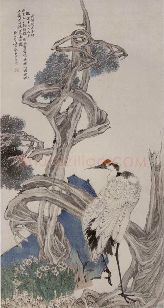 1873年 任伯年 《松鹤寿柏图》 书画作品