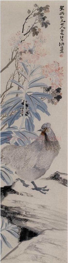 约19世纪60年代末期 任伯年 《花阴母鸡图》 书画作品
