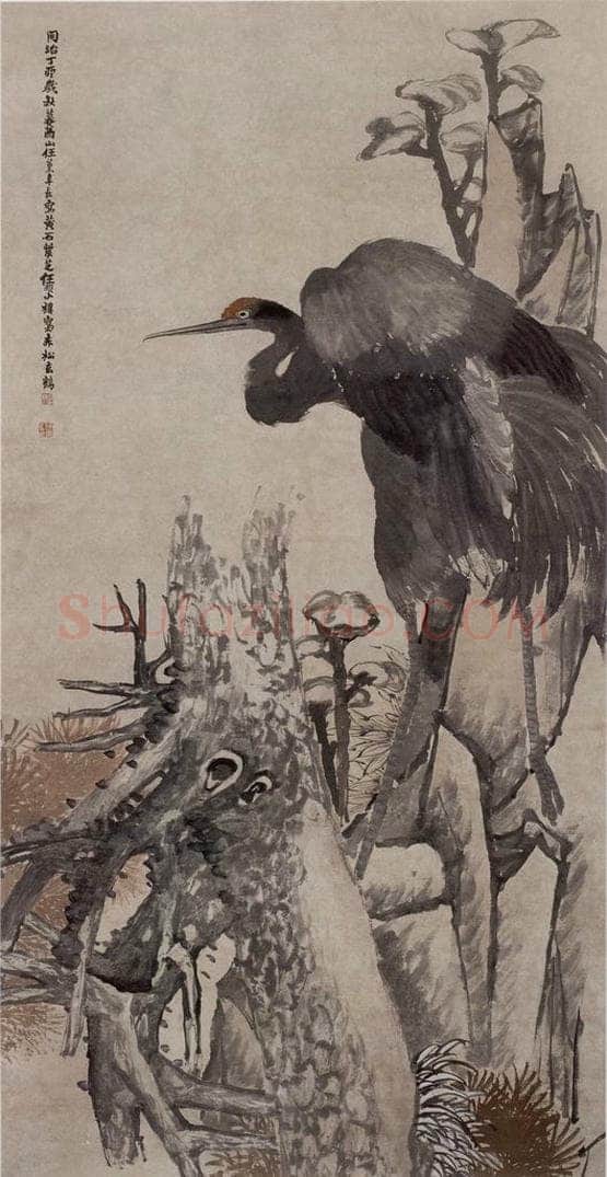1867年 任伯年 《松鹤芝石图》 书画作品