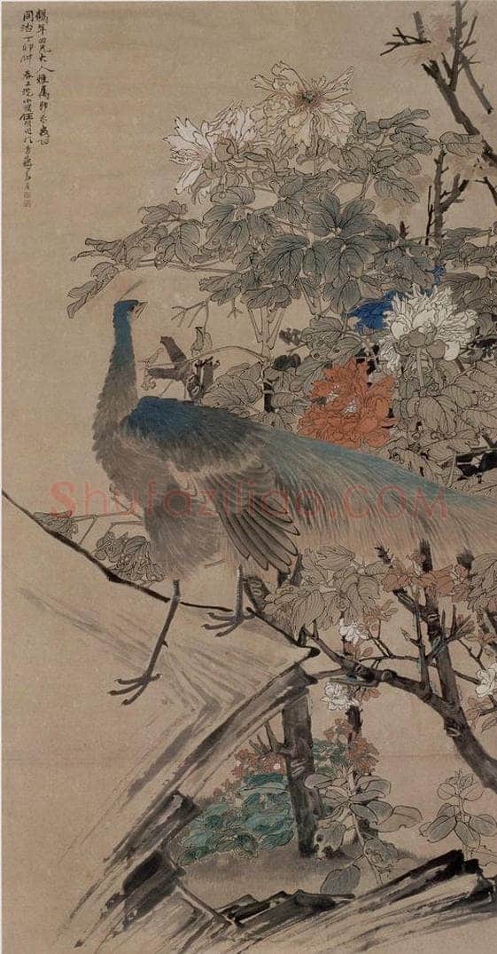 1867年 任伯年 《孔雀牡丹图》 书画作品