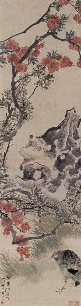 约19世纪70年代中期 任伯年 《桃梨鹌鹑图》 书画作品