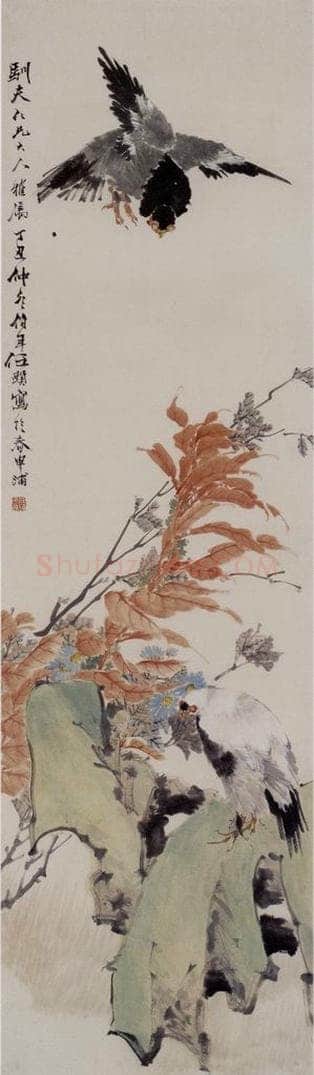 1877年 任伯年 《秋卉双鸽图》 书画作品