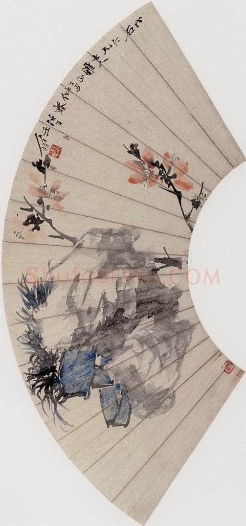1877年 任伯年 《桃花碧草》 书画作品